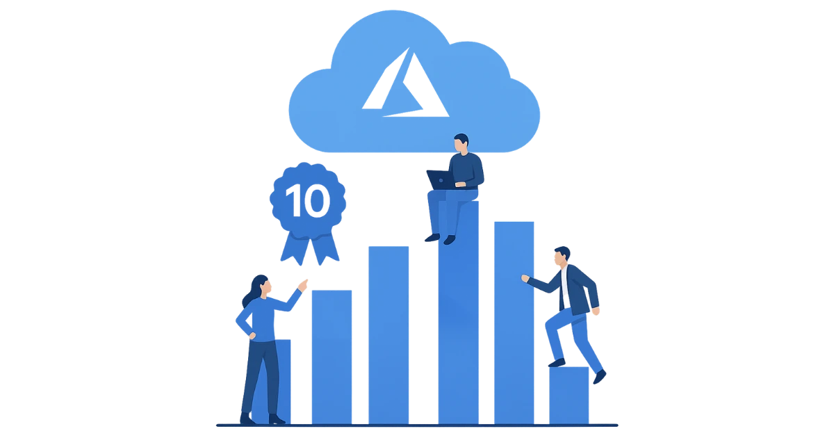 Illustration d'experts avec un diagramme à barres sous un nuage Microsoft Azure et un badge portant le chiffre 10.