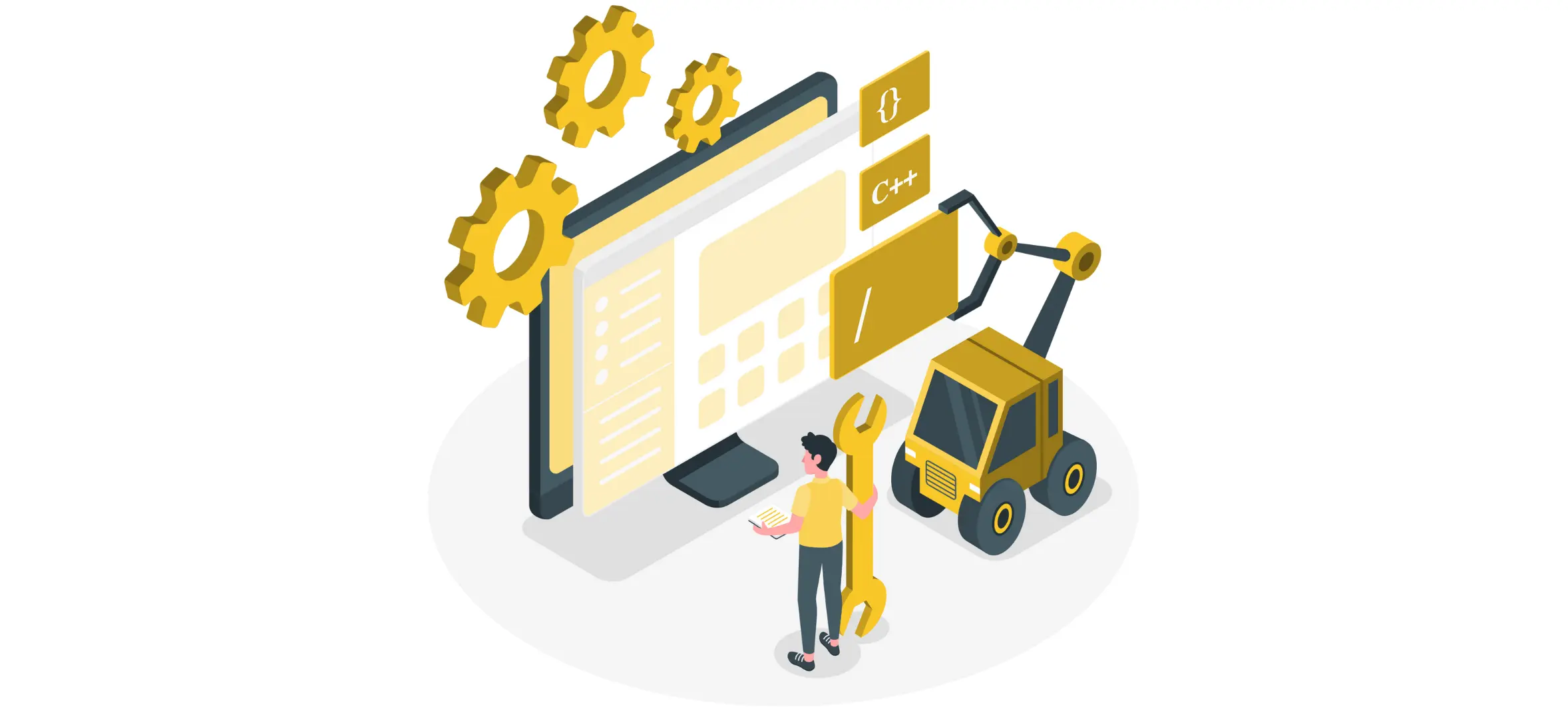 Illustration de l'ingénierie de plateforme : une personne, des engrenages et une grue robotisée bâtissent une interface.