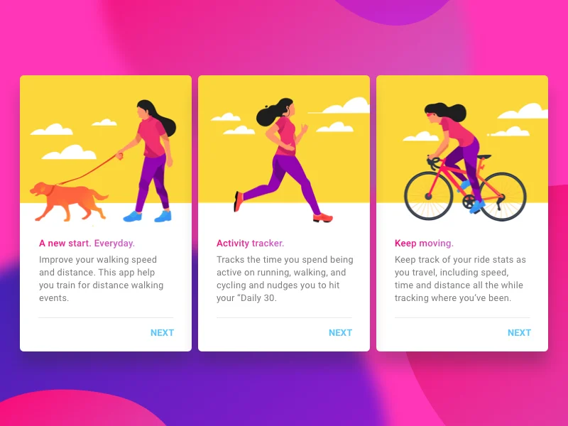 Drei Onboarding-Bildschirmkarten für eine Fitness-App vor einem abstrakten rosa-violetten Hintergrund. Jede gelb-weiße Karte zeigt eine flache Vektorillustration einer Frau in einem rosa Oberteil und lila Leggings bei einer Outdoor-Aktivität. Die erste Karte zeigt sie beim Gassigehen mit einem Golden Retriever, mit der Überschrift „A new start. Everyday.“. Die zweite Karte zeigt sie beim Laufen, mit der Überschrift „Activity tracker.“. Die dritte Karte zeigt sie auf einem roten Fahrrad, mit der Überschrift „Keep moving.“. Jede Karte enthält einen kurzen Beschreibungstext und eine „NEXT“-Schaltfläche unten rechts.