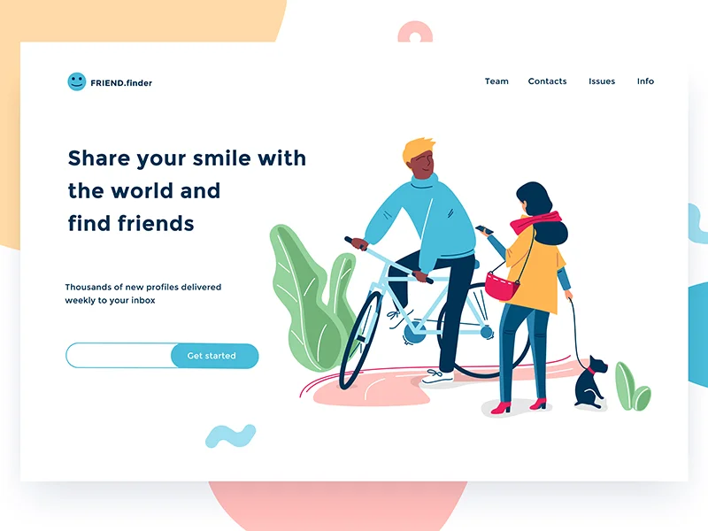 Eine Illustration auf einer Landingpage für „FRIEND.finder“. Auf der linken Seite steht ein dunkelblauer Text mit der Aufschrift „Share your smile with the world and find friends“, darunter ein kleinerer Text und eine Schaltfläche „Get started“. Auf der rechten Seite fährt ein blonder Mann auf einem hellblauen Fahrrad und blickt zurück zu einer schwarzhaarigen Frau, die einen kleinen schwarzen Hund an der Leine führt. Der Hintergrund ist weiß mit minimalistischen, farbenfrohen abstrakten Formen und grünen Pflanzen.