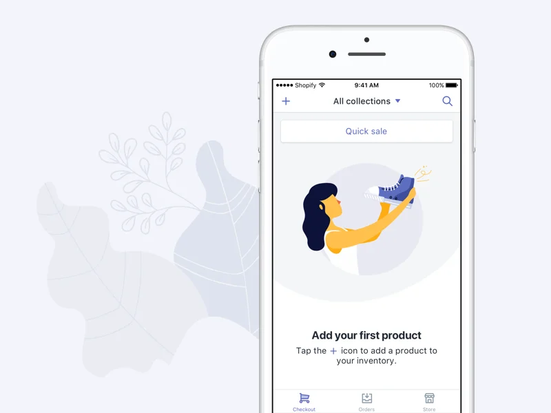 Ein iPhone, das die Benutzeroberfläche einer mobilen App mit einer leeren Statusseite anzeigt. Der Bildschirm zeigt eine Illustration einer Frau, die einen blauen Schuh hochhält, unter einer Schaltfläche "Quick sale". Unter der Illustration lautet der Text "Add your first product" und "Tap the + icon to add a product to your inventory."