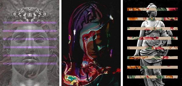 Drei Paneele zeitgenössischer digitaler Kunstwerke, die klassische Skulpturen mit modernen Grafiken verschmelzen. Links zeigt ein Steingesicht mit lila Glitch-Linien; in der Mitte ein dunkles Porträt mit einem farbenfrohen, flüssigen Marmor-Overlay; rechts ist eine weibliche Statue zu sehen, die durch horizontale Balken mit Blumenmuster segmentiert ist.