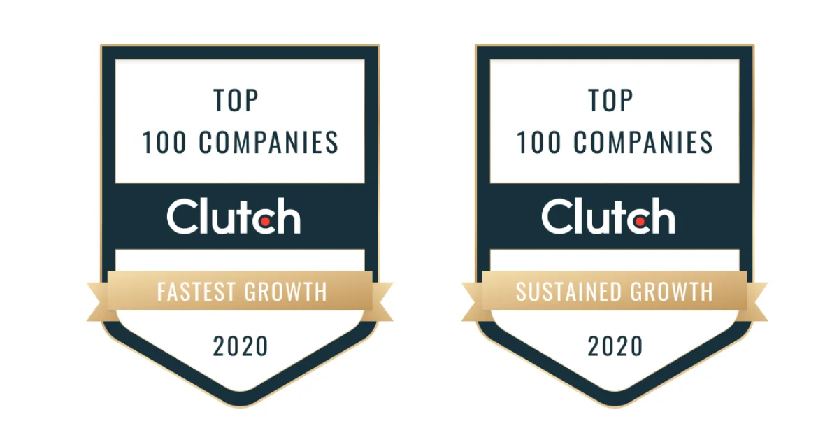 Grafik mit zwei nebeneinander liegenden schildförmigen Auszeichnungs-Badges von Clutch für 2020. Beide tragen den Text „TOP 100 COMPANIES“. Das linke Badge hat ein goldenes Band mit „FASTEST GROWTH“, das rechte mit „SUSTAINED GROWTH“.