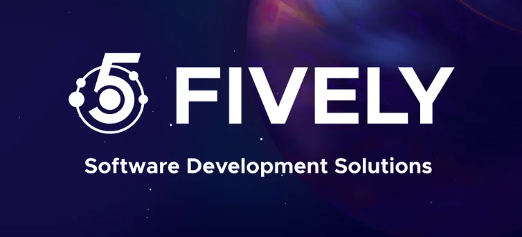Logo Fively Software Development Solutions avec un chiffre 5 stylisé dans des cercles superposés sur un fond bleu nuit.