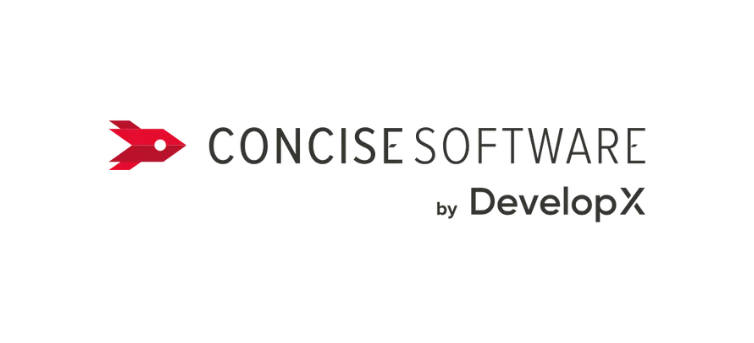 Logo Concise Software by DevelopX avec une icône de fusée géométrique rouge à côté du nom de l'entreprise en texte noir et gris.