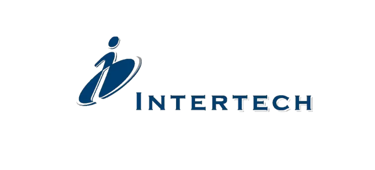Logo Intertech avec une lettre i stylisée bleu foncé et un motif ovale à côté du nom de la marque.