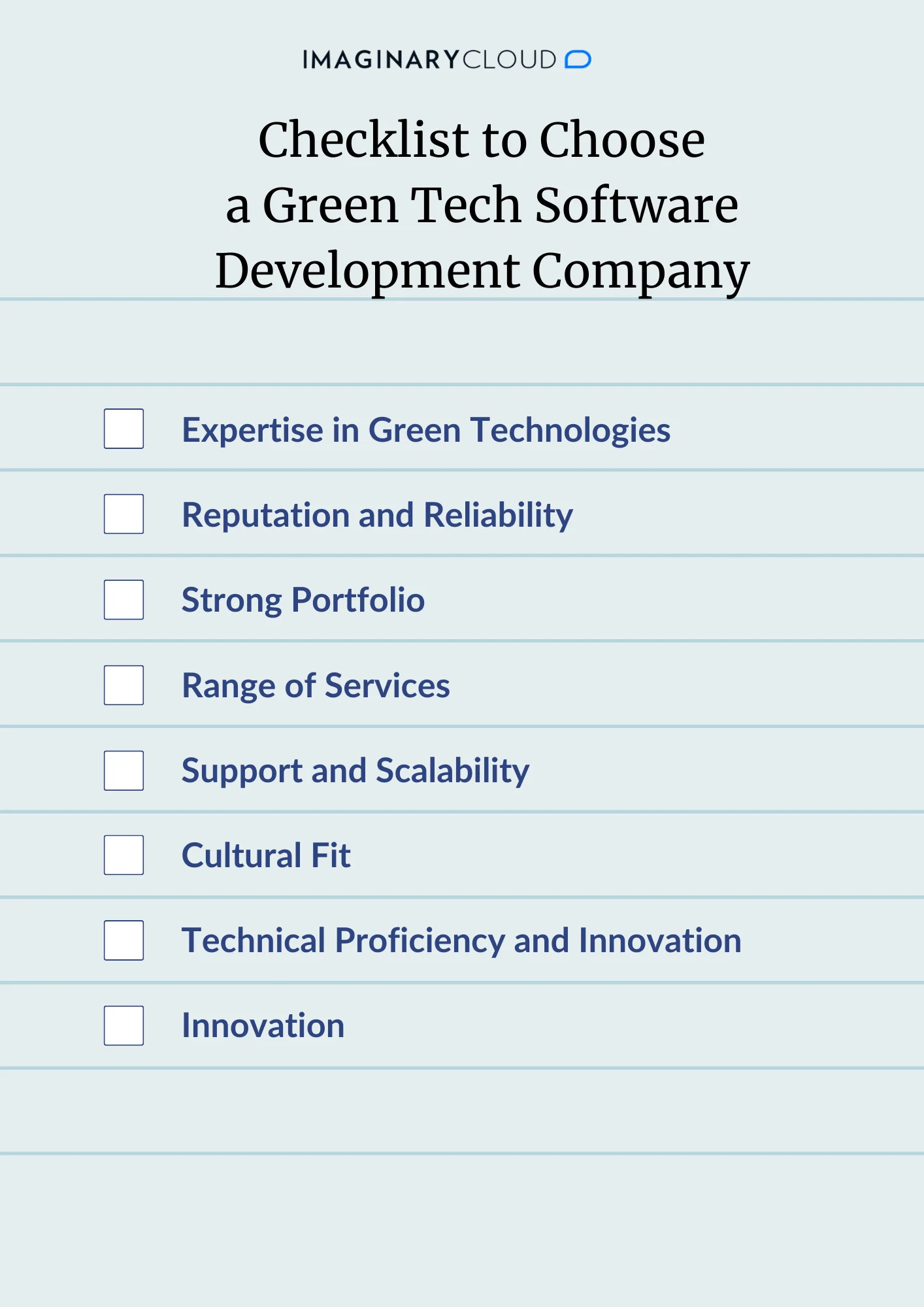 Liste de contrôle ImaginaryCloud pour choisir une entreprise de logiciels Green Tech. Les critères incluent l'expertise, la réputation, le portefeuille, les services et l'innovation.