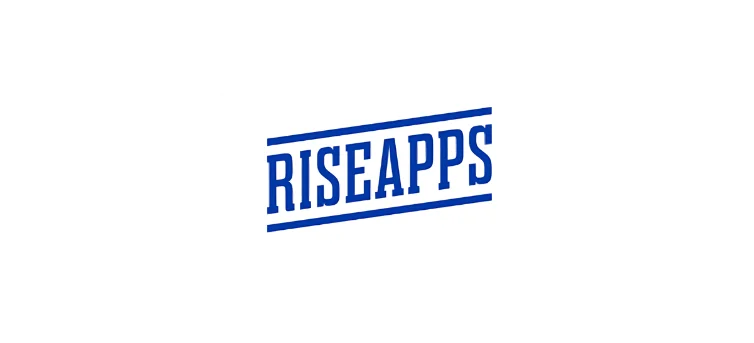 Riseapps-Logo mit dem Firmennamen in fetten, blauen Großbuchstaben, leicht nach oben geneigt und zwischen zwei parallelen blauen Linien positioniert.