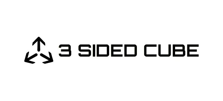 3 Sided Cube-Logo mit drei nach außen weisenden schwarzen Pfeilen, die eine isometrische Ecke bilden, neben dem Markennamen in einer modernen serifenlosen Schrift.