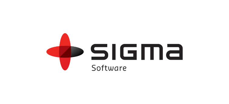 Sigma Software-logo med to krydsende ellipser, en lodret i rød og en vandret, der falmer til sort, ved siden af mærkenavnet i sort tekst.
