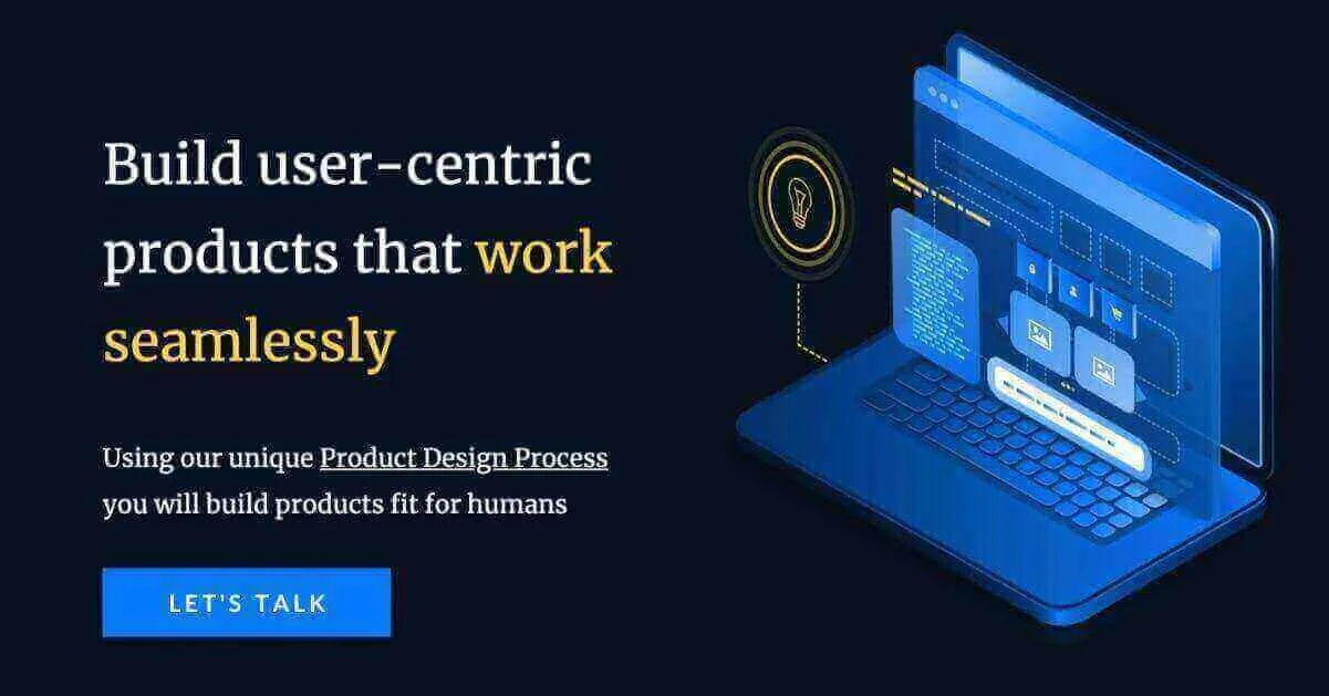 3D blue laptop with floating UI panels and text about building user-centric products for IT consulting companies.