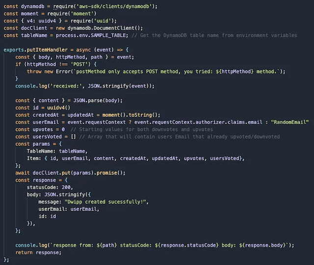 Et screenshot af en kode-editor, der viser en JavaScript-fil til en AWS Lambda-funktion. Koden bruger Node.js, AWS SDK til DynamoDB samt moment- og uuid-biblioteker. Den eksporterer en asynkron funktion ved navn putItemHandler, som håndterer en POST-anmodning, udtrækker data fra begivenhedens body, genererer et id og tidsstempler og gemmer et nyt element med felter som content, upvotes og usersVoted i en DynamoDB-tabel. Den afslutter med at returnere et svar med statuskode 200 og en succesmeddelelse.