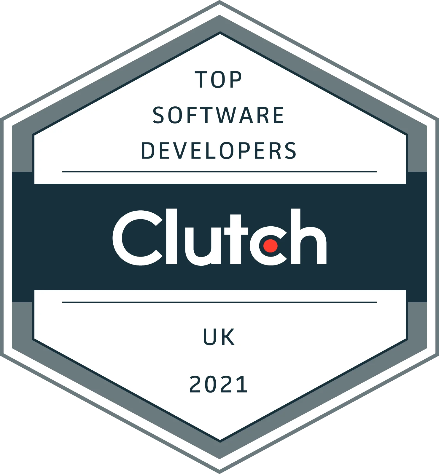 Un badge de certification hexagonal Clutch avec une bordure grise et blanche. La section supérieure indique "TOP SOFTWARE DEVELOPERS" en lettres majuscules gris foncé. Le centre présente une large bannière bleu foncé avec le mot "Clutch" en grande police blanche et un point rouge à l'intérieur de la lettre 'c'. La section inférieure indique "UK" et "2021" en lettres majuscules gris foncé.