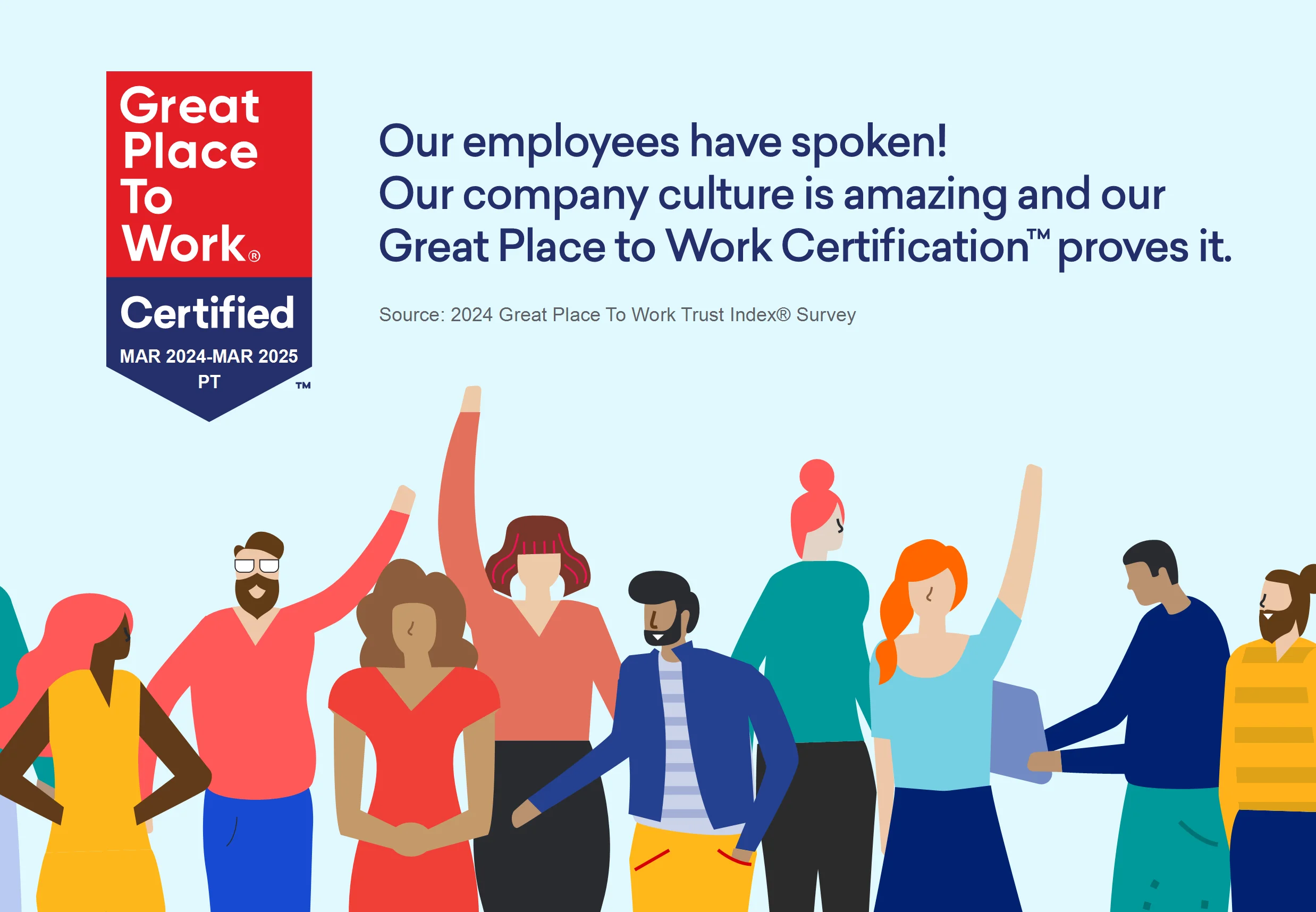 Eine Illustration zur Feier der „Great Place to Work“-Zertifizierung eines Unternehmens für Portugal, gültig von März 2024 bis März 2025. Oben links befindet sich das offizielle rote und blaue Abzeichen „Great Place To Work Certified“. Rechts davon lautet der Text: „Our employees have spoken! Our company culture is amazing and our Great Place to Work Certification™ proves it. Source: 2024 Great Place To Work Trust Index© Survey“. Unter dem Text ist eine vielfältige, stilisierte Gruppe von Kollegen dargestellt, die gemeinsam vor einem hellblauen Hintergrund stehen, lächeln und feiernd die Hände heben.