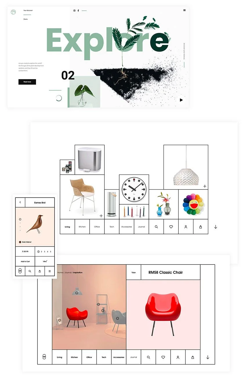 Graphique présentant plusieurs captures d'écran d'interfaces web en grille. Comprend une page sur la nature avec le mot « Explore », un catalogue d'objets de maison, une interface mobile pour « Eames Bird » et une page pour « RM58 Classic Chair ».
