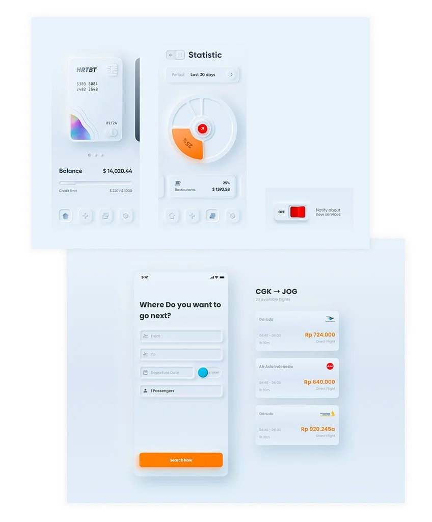 Graphique présentant des concepts d'interface mobile au style neumorphique doux. Comprend une application bancaire avec un graphique circulaire orange et une recherche de vols intitulée « Where Do you want to go next? ».