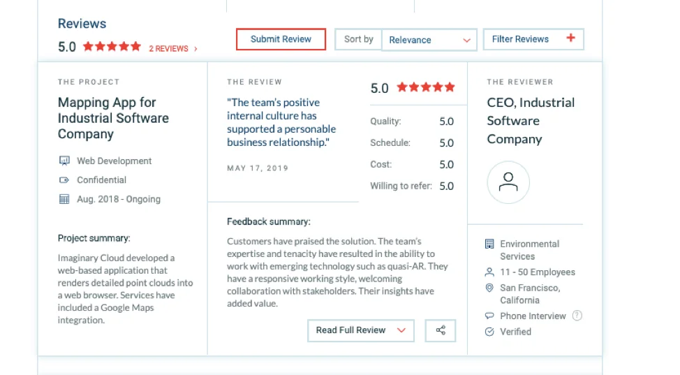 Ein Screenshot einer 5,0-Sterne-Kundenbewertung auf Clutch für ein Kartierungs-App-Projekt von Imaginary Cloud. Das linke Feld zeigt die Projektzusammenfassung für eine webbasierte Punktwolken-Anwendung. Das mittlere Feld enthält ein Zitat, das die Teamkultur lobt, Teilbewertungen von 5,0 für Qualität, Zeitplan, Kosten und Weiterempfehlungsbereitschaft sowie eine Feedback-Zusammenfassung, die ihre Expertise bei neuen Technologien wie Quasi-AR hervorhebt. Das rechte Feld zeigt, dass der Rezensent ein CEO eines Industrie-Softwareunternehmens mit Sitz in San Francisco, Kalifornien, ist.