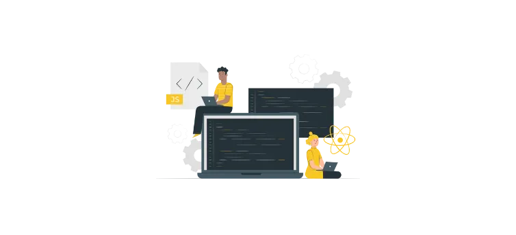 Entwickler, die auf Laptops mit Zahnradsymbolen und dem React-Logo für Softwareentwicklung programmieren.