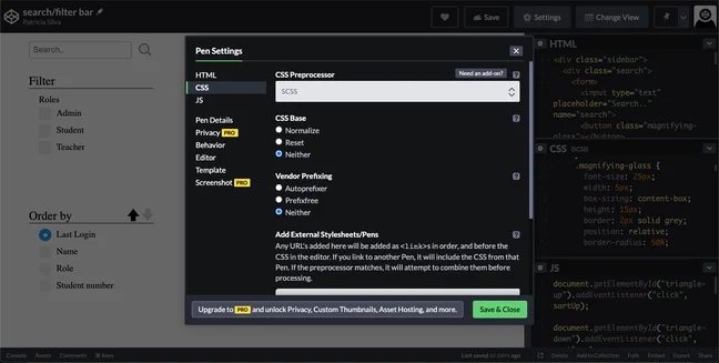 Settings on the CodePen code editor