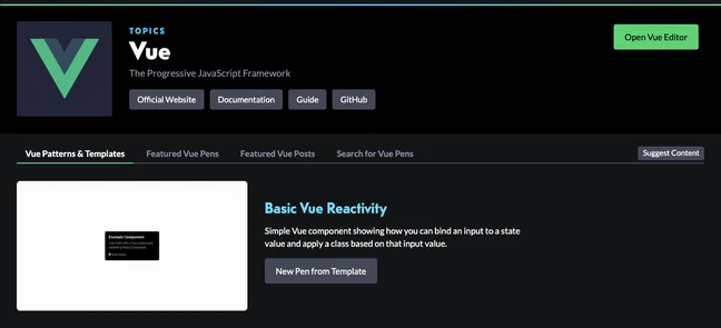 CodePen Vue topic page