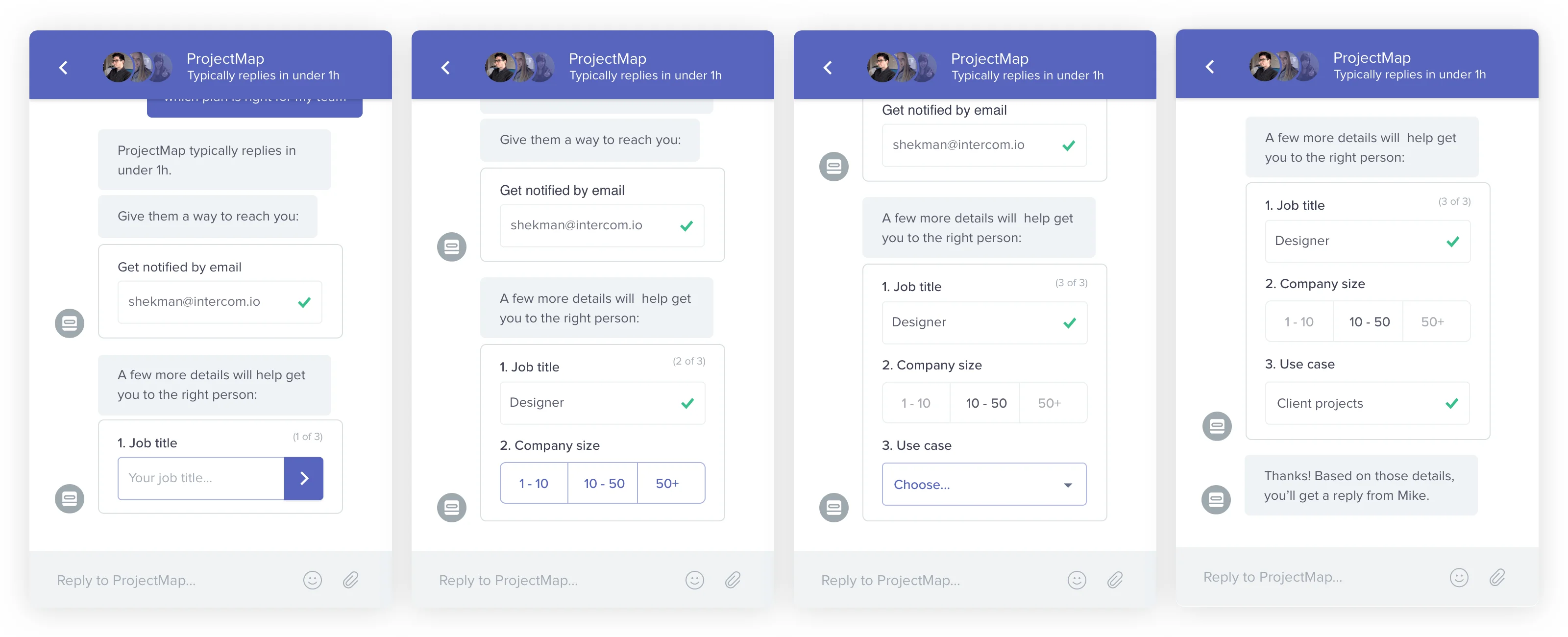 A form-based approach overlaid on the messenger (Shekman Tang, Intercom)