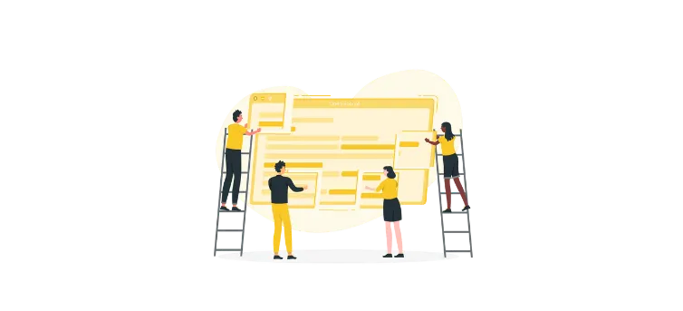 Vier Personen entwickeln gemeinsam eine Website-Oberfläche – ein Beispiel für kollaborative Softwareentwicklung.