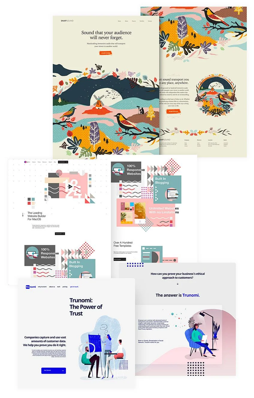 Website screens showing the use of illustrations as UI trends
