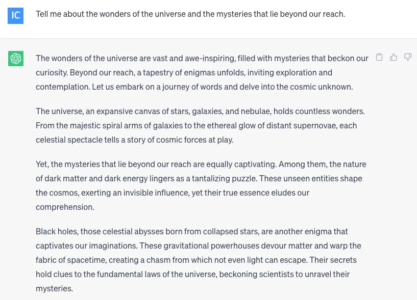 ChatGPT generic prompt asking about the wonders of universe