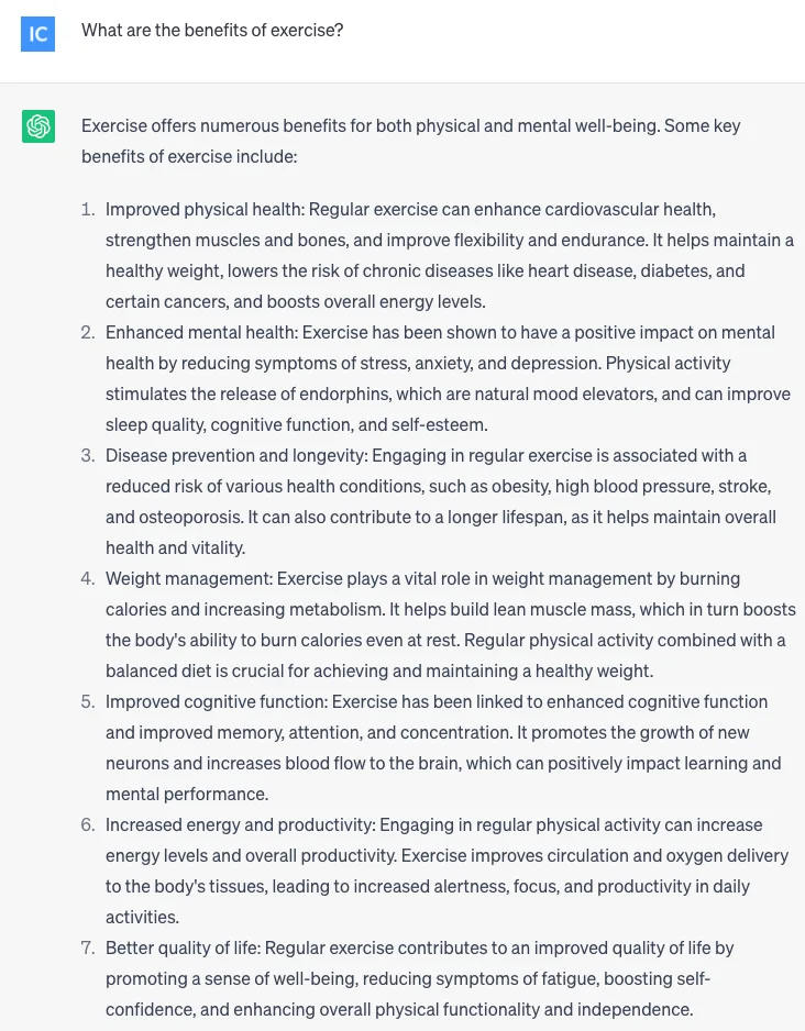 ChatGPT without context prompt asking about the benefits of exercise