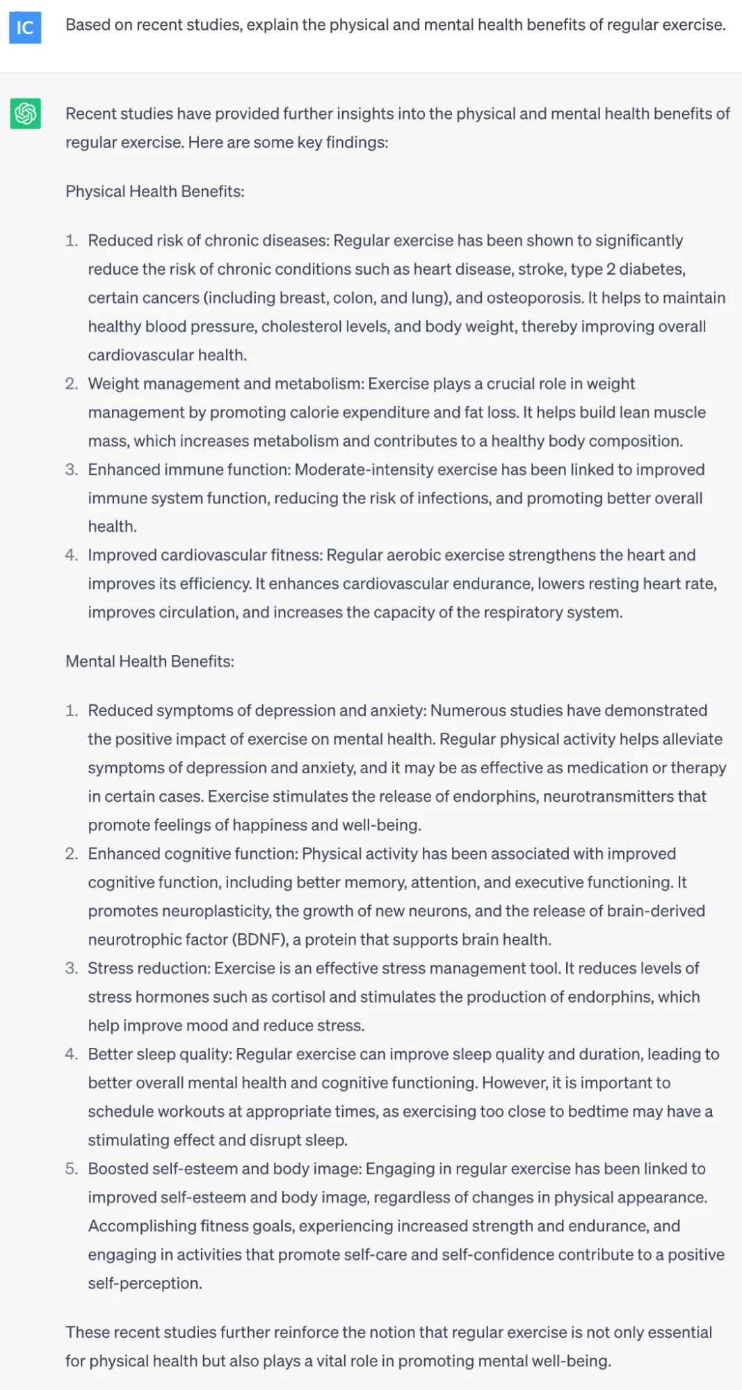 ChatGPT with context prompt asking about the benefits of exercise