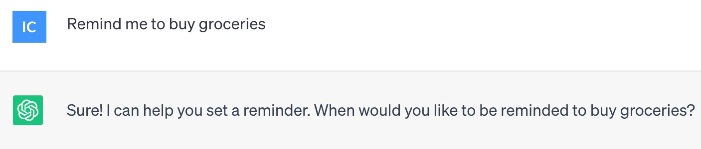 ChatGPT iteration prompt asking to remind to buy groceries