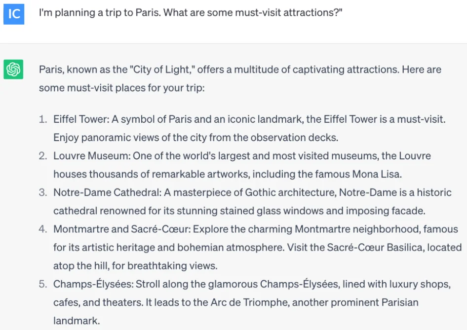 ChatGPT chaining prompt asking what to visit in Paris