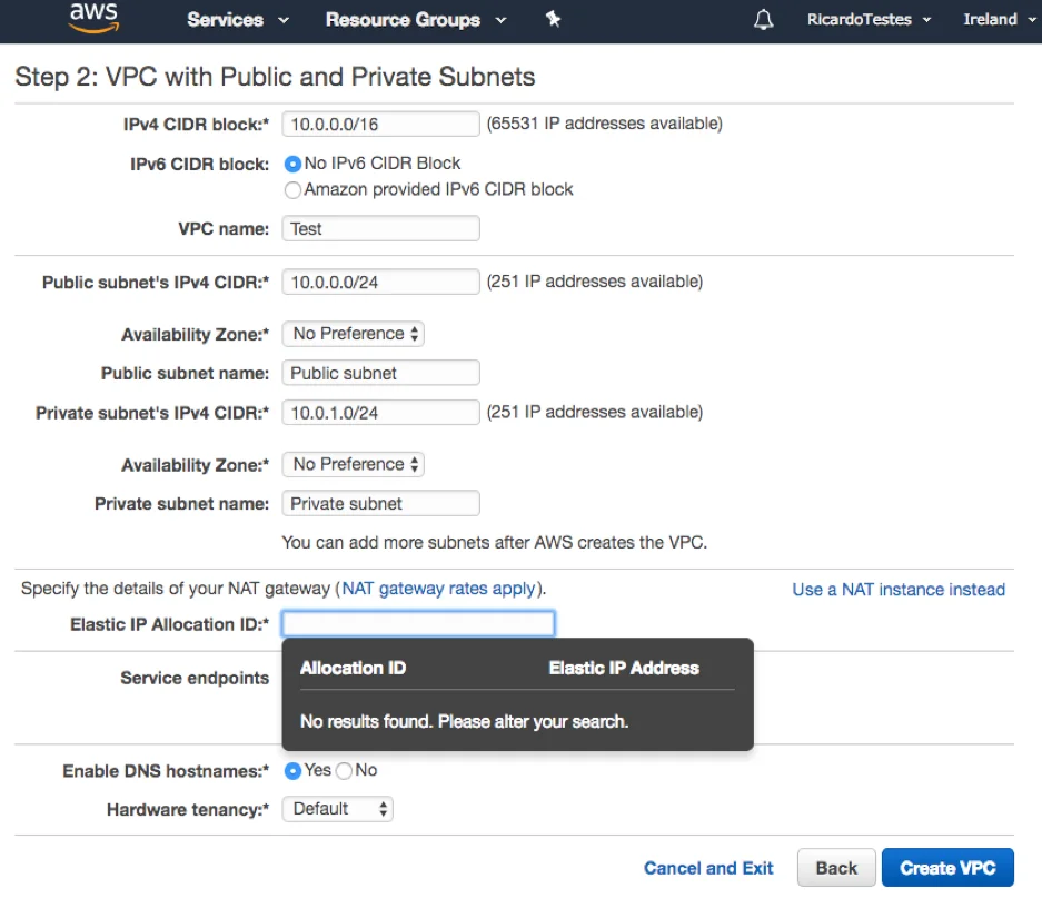 Creating a VPC with public and private subnets