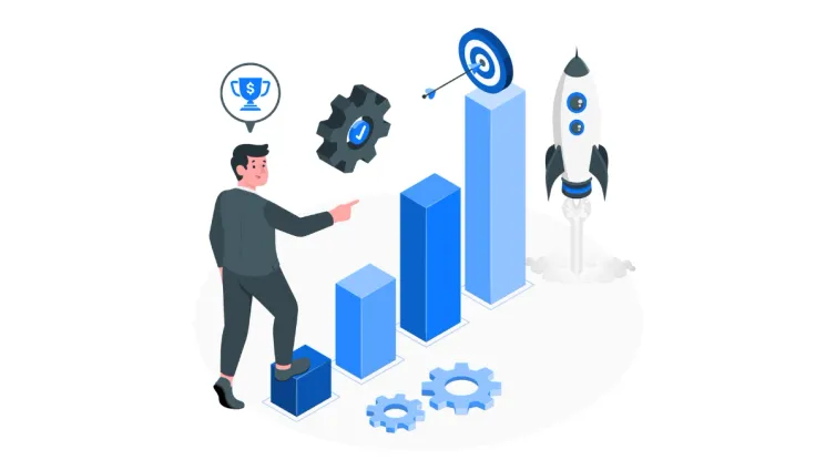 Businessman climbing a bar chart to scale a product, shown with a rocket launch, gears, and a bullseye target.