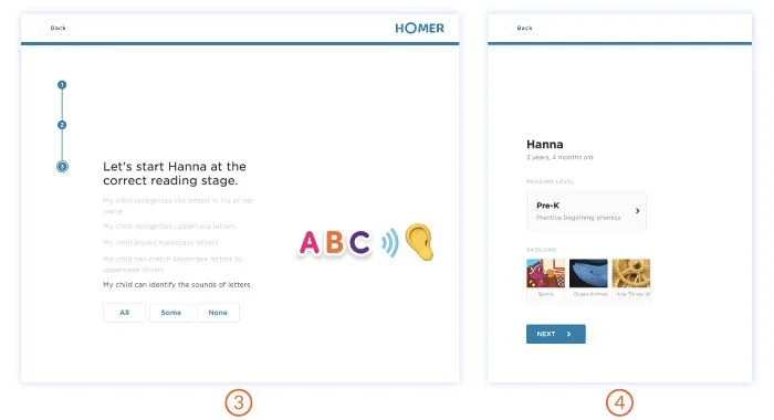 Homer app onboarding journey for parents/educators