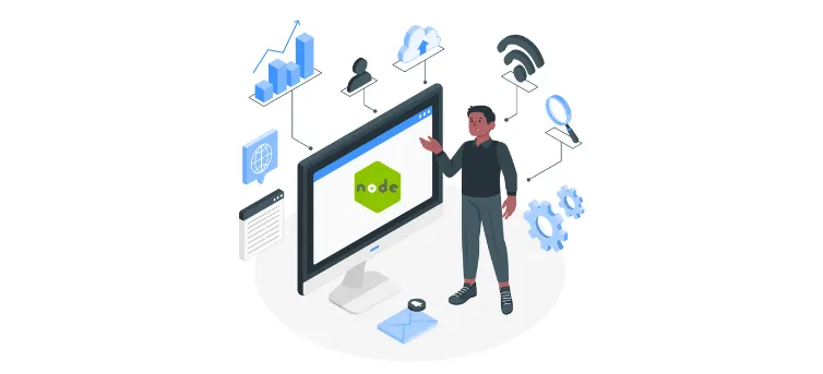 Developer presents the Node.js hexagon logo on a monitor among icons for top Node companies.