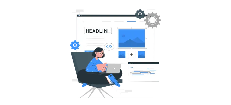Designer codiert ein Headline-Layout am Laptop zwischen Zahnrädern und Tags für Top-Webdesign-Firmen.
