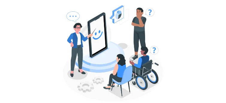 Diverse team reviews a giant phone UI with gears, modeling top MVP development companies' feedback.