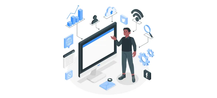 Développeur présente un moniteur parmi icônes cloud, graphique et social pour top entreprises SaaS.