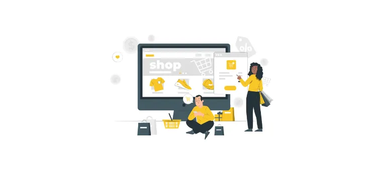 Mann und Frau shoppen online neben Monitor mit Produkten und Warenkörben für Top-E-Commerce-Entwicklungsfirmen