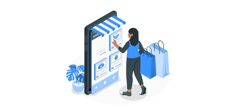 Shopper tippt auf riesige Phone-Marketplace-App neben Taschen für Top-Marketplace-Firmen.
