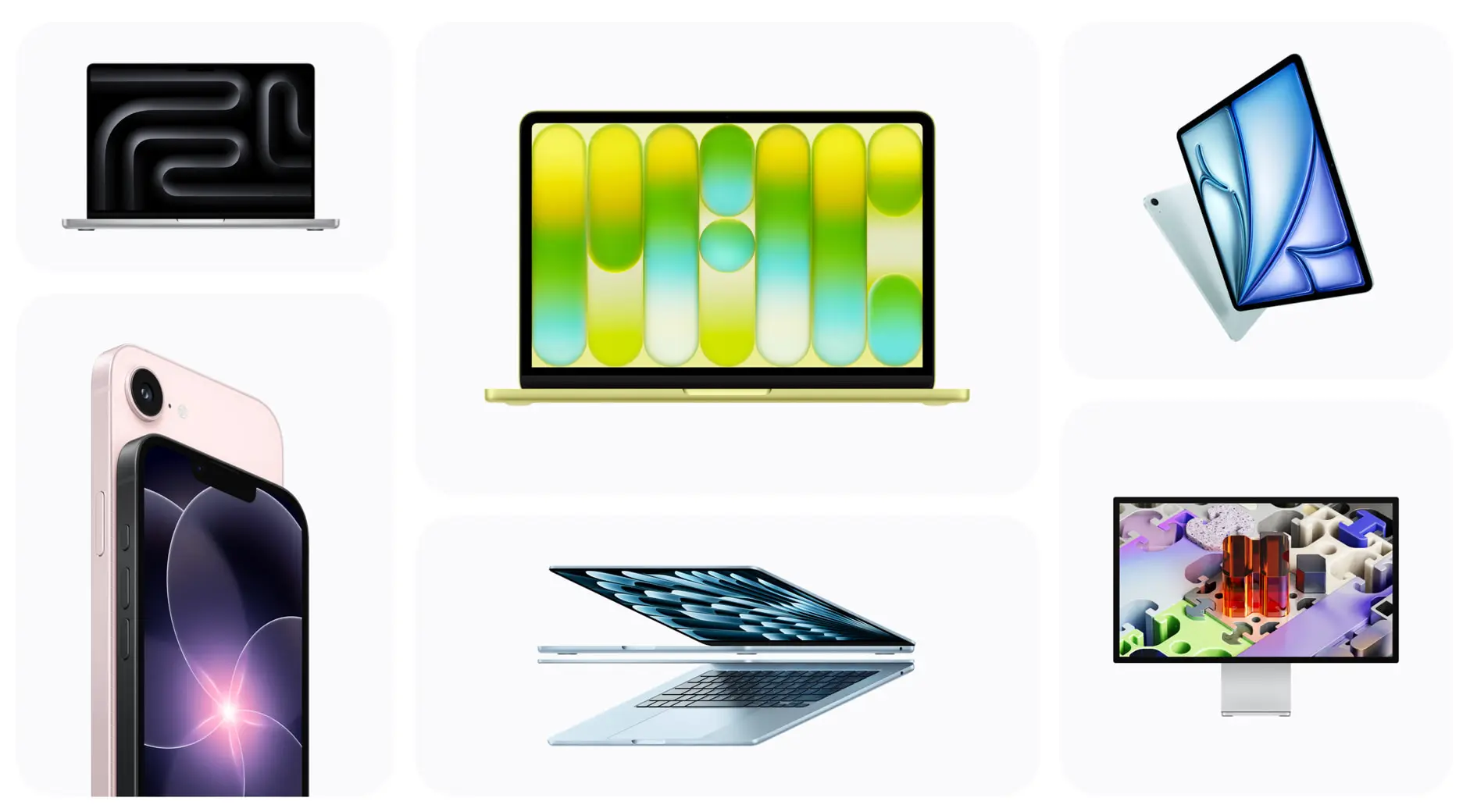 Grid of Apple devices like MacBooks, iPhones, and iPads connecting to cloud service providers apps across screens.