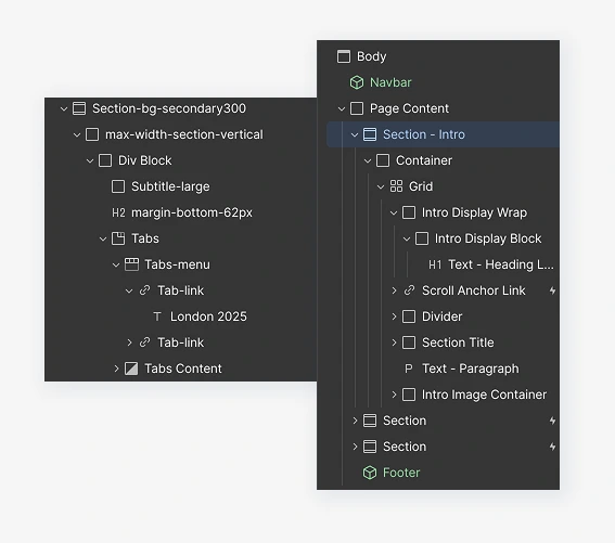 Visual comparison graphic of Webflow vs WordPress platforms showing web design tools and content management features.