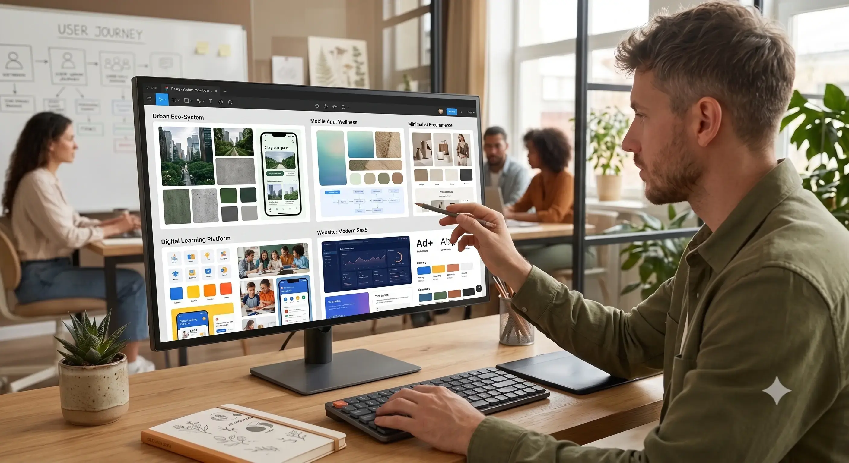 Ein Designer bearbeitet mit einem Eingabestift digitale Moodboards auf seinem Monitor, während sein Team im Hintergrund zusammenarbeitet.