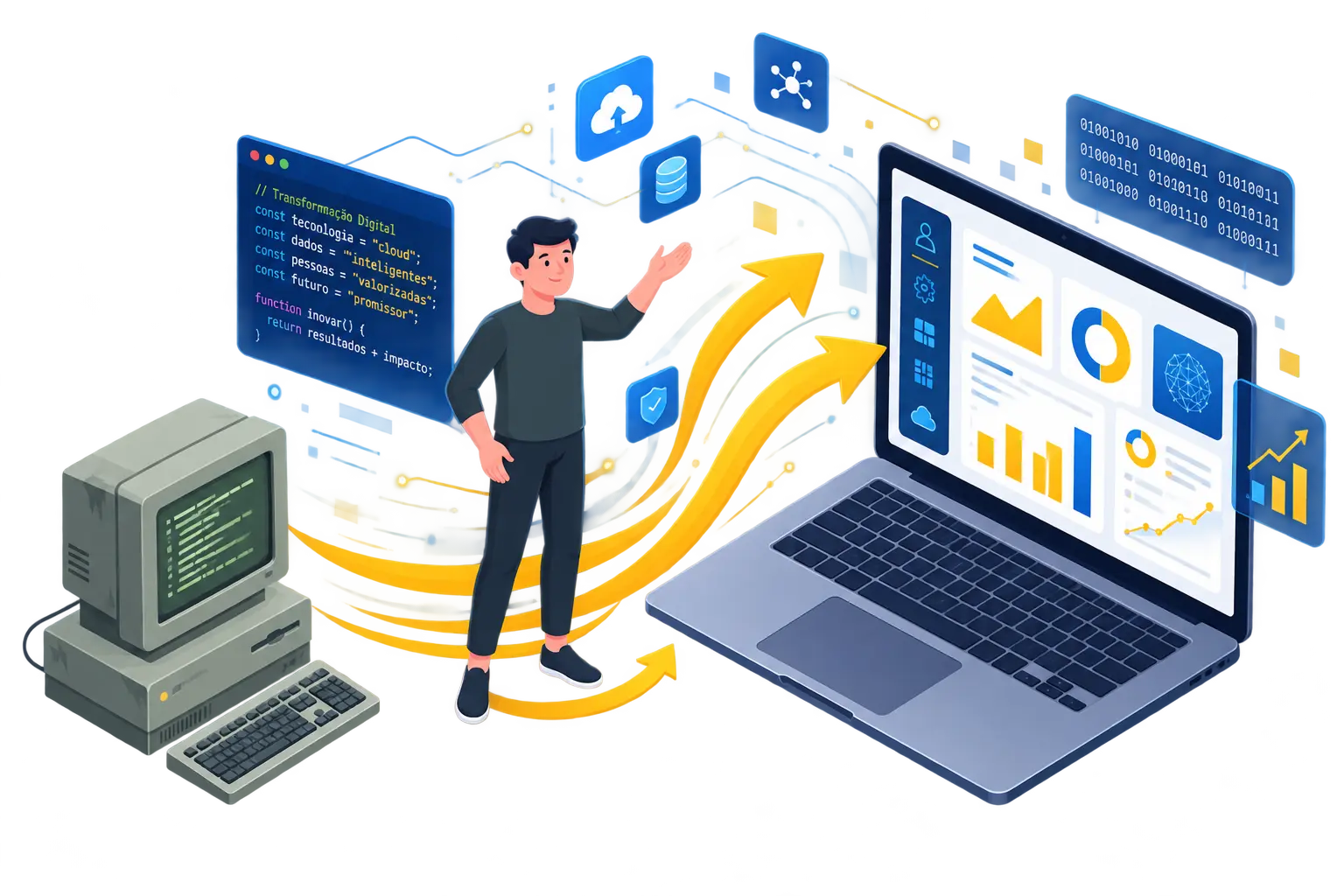 Legacy system modernisation: engineer bridging outdated computer infrastructure to cloud-based analytics dashboard.