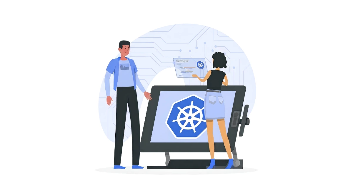 Illustration of two people interacting with a large digital tablet displaying a blue Kubernetes helm logo and code.