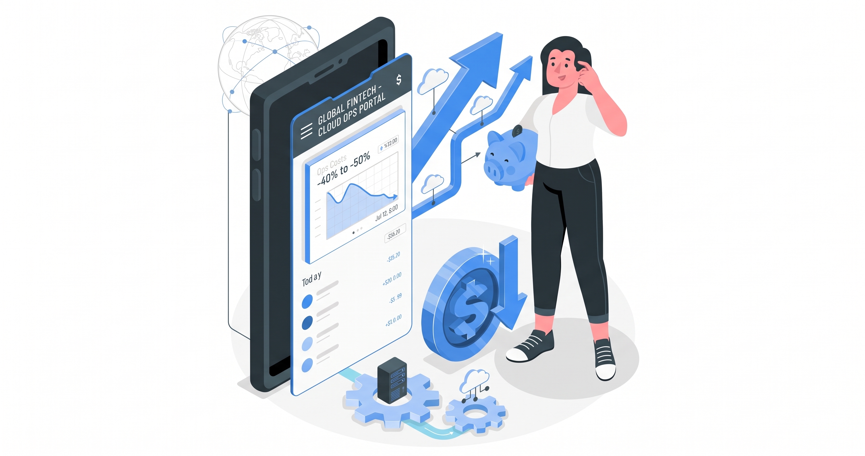 Illustration of a woman holding a piggy bank next to a mobile cloud portal showing reduced operational costs.