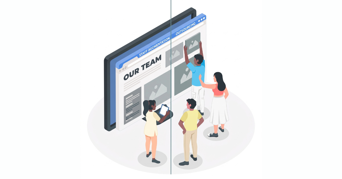 Isometric illustration of people interacting with a browser interface split between staff augmentation and outsourcing.