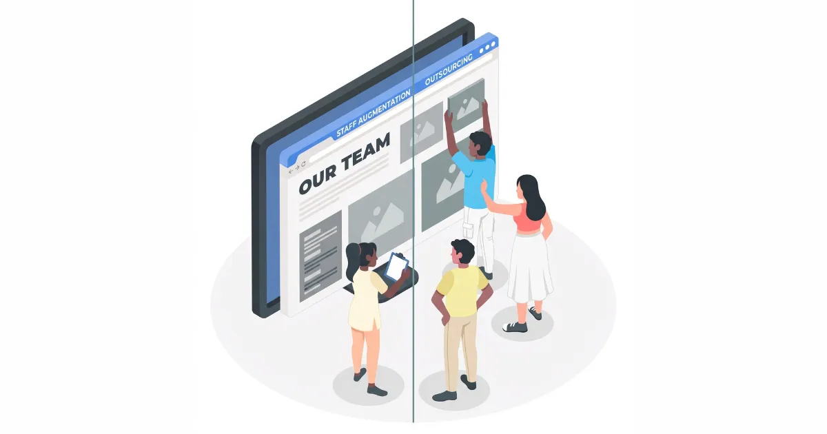 Illustration isométrique : des personnes face à une interface de navigateur, entre renfort d'équipe et externalisation.