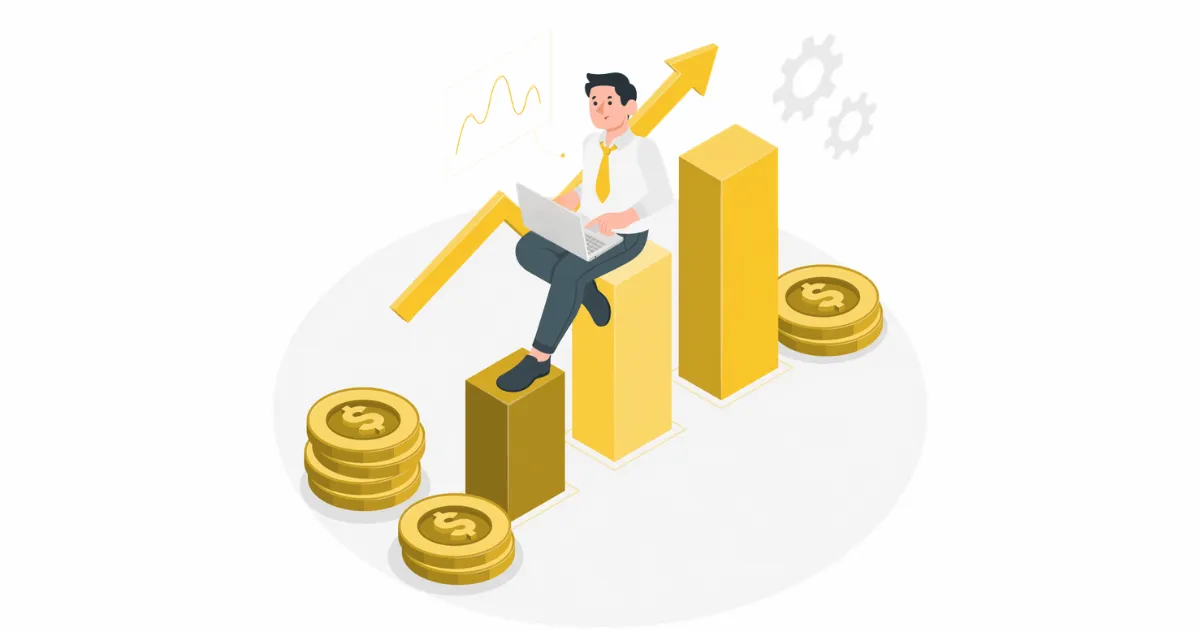 Isometric graphic of a man with a laptop on growth charts and coin stacks, symbolizing cloud-driven business scaling.
